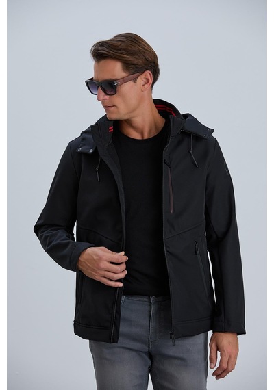 Pique Erkek Siyah Mont Kapüşonlu Erkek Softshell Mont