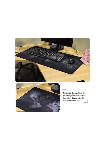 90x40 Cm Mouse Pad, Dünya Haritası Desenli Büyük Mouse Pad, Kaymaz Kauçuk Tabanlı, Dikişli Kenarlı 3 Mm Klavye V