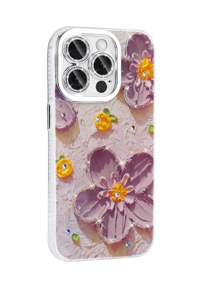 Apple Uyumlu iPhone 14 Pro Max İle Çiçek Desenli Parlak Taşlı Sert Silikon Kapak