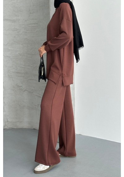Feela Moda Kadın Modal Penye Oversize Tesettür Tunik Takım 2020 Kahverengi