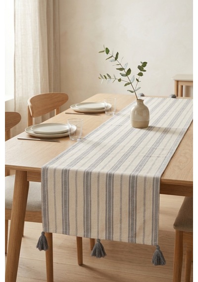Gri Şerit Desenli Püsküllü Pamuk Runner Masa Örtüsü 40x110 Cm Gri