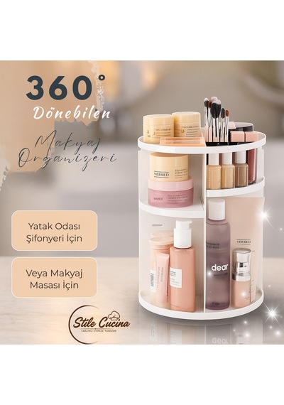 360 Derece Dönebilen Makyaj Organizeri Beyaz Beyaz