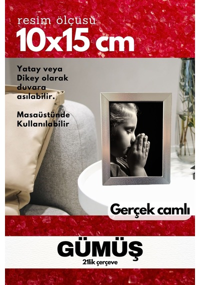 Gerçek Camlı 21lik Düz 10 X 15 Gümüş Fotoğraf Resim Çerçevesi Ayaklı Arkalık Veya Duvara Asma