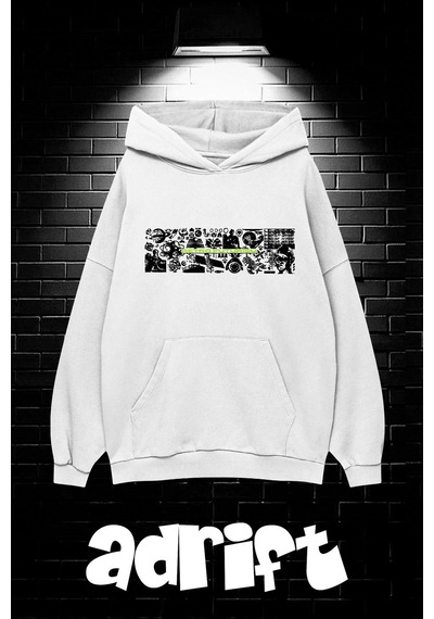 Startmore Unisex Oversize Kapüşonlu Kanguru Cepli Resro Futurısm Baskılı Sweatshirt Hoodie Beyaz Beyaz