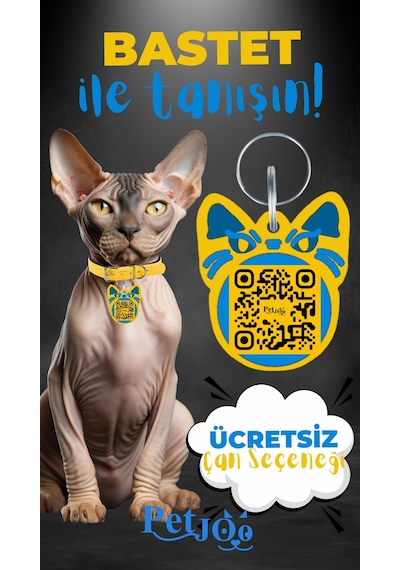 Petjoo 1.Bastet Mavi-Sarı Qr'lı Kedi Künyesi