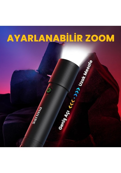Philips Sfl2185 350 Lümen 3w Led El Feneri Teleskopik Zoom Sos Modlu Şarj Edilebilir Uzun Menzilli Flashlight Siyah