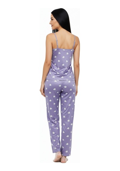 Altı Uzun İp Askılı Yumuşak Kalp Desenli Mor Pijama Takımı Mor