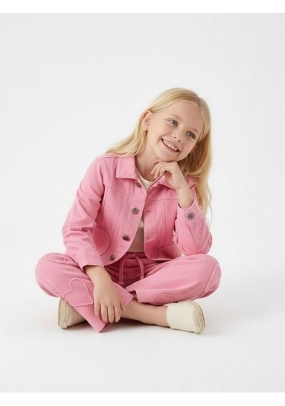 Zekids Kız Çocuk Kalp Detaylı Üçlü Takım Ceket + Bluz + Pantolon -17174 Pembe