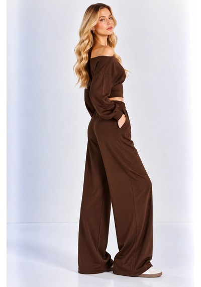 Mevese Kayık Yaka Korseli Crop Bluz - Cep Detaylı Palazzo Modal Takım - Acı Kahve Kahverengi Mevese Kayık Yaka Korseli Crop Bluz - Cep Detaylı Palazzo Modal Takım - Acı Kahve Kahverengi