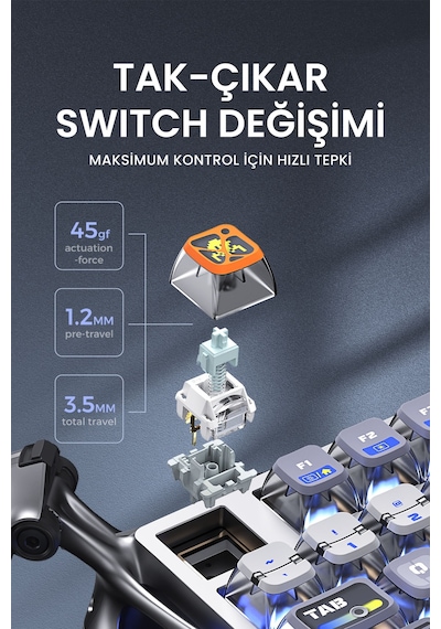 Gravastar Mercury K1 Pro+x Kablosuz Rgb Işıklı Mekanik Q Gaming Klavye Ve Optik Mouse Seti, Uzay Gri Optik
