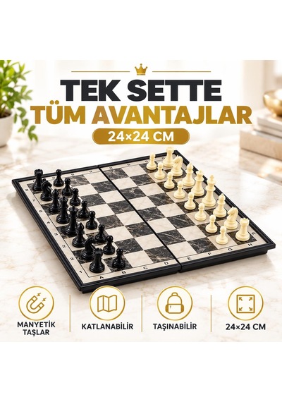 Manyetik Satranç Takımı 24x24 Cm Katlanabilir Taşınabilir Mermer Desenli Satranç Seti