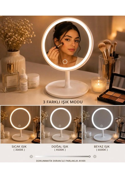 Led Işıklı Dimmerli Usb Şarjlı Dokunmatik Makyaj Aynası Beyaz - 3 Renk Işık Modu 360 Döner Masaüstü Ayna Yuvarlak