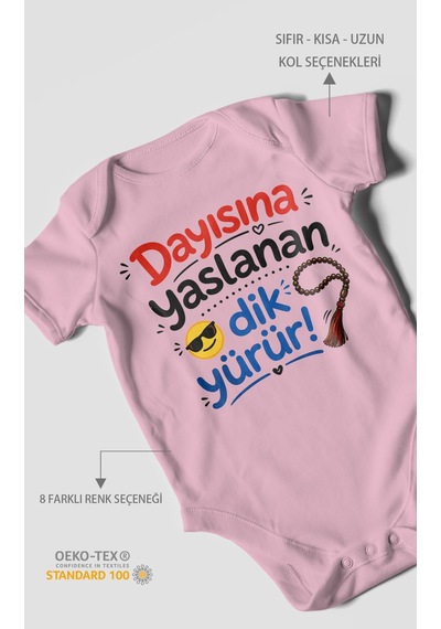 Morivokids Dayısına Yaslanan Dik Yürür Kısa Kollu Bebek Body %100 Pamuk Koyu Pembe