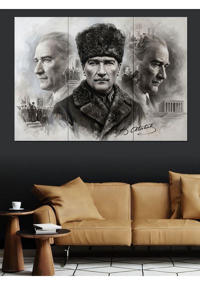 Üç Farklı Atatürk Portresi Çalışması Dekoratif Kanvas - Mdf Ahşap Tablo