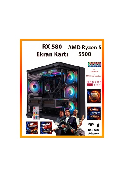 Comloji CMLJ04 R5-5500 16 GB 512 GB SSD RX580 Free Dos Masaüstü Oyuncu Bilgisayarı
