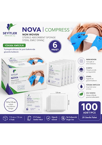 Nova Steril Kompres 7,5cm 7,5cm 4 Katlı 5'li 6 Paket