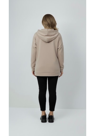 Koza Butik Kadın Büyük Beden Uzun Kollu Kapüşonlu Fermuar Detaylı Sweatshirt 2007 Gri