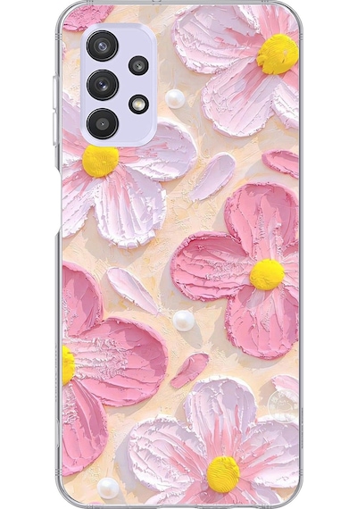 Samsung Galaxy A32 Uyumlu Pembe Beyaz Çiçekler Sulu Boya Baskılı Silikon Kılıf Renkli