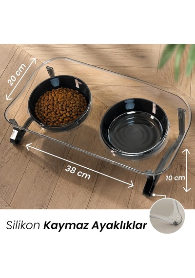 Mama Kabı, Mama Ve Su Kabı, Kedi Mama Kabı, Kedi Mama Ve Su Kabı, Köpek Mama Kabı, Kedi Mama Kapları, Köpek Mama Ve Su Kabı, 15 Eğimli Yüksek Çift Kaseli Transparan+siyah