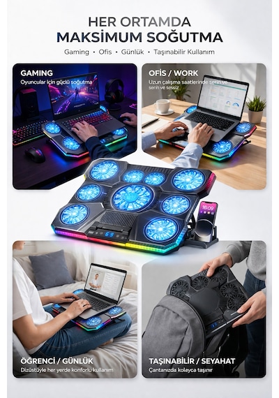 9 Fanlı Laptop Soğutucu 2400 Rpm Ultra Güçlü Fan 13-19 İnç Laptoplar İle Uyumlu 8 Kademe Yükseklik