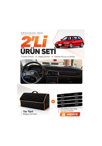 Honda Cıvıc Ef 1988-1991 Uyumlu Torpido Örtüsü + Tay Tüyü Çanta + Sticker - Siyah Kahverengi