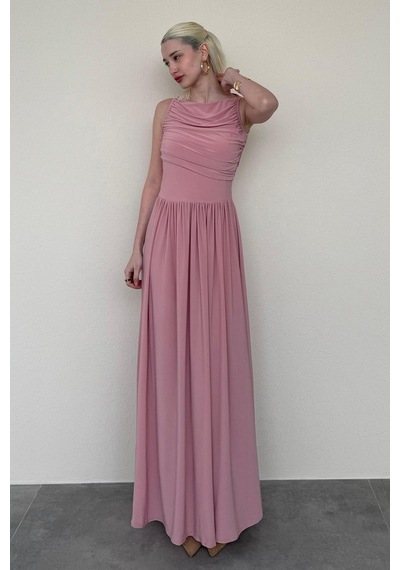 Madmext Pembe Önü Dökümlü Uzun Boy Kadın Elbise Mg2364 Pembe