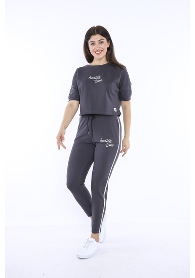 Kadın-alt-üst T-shirt Takım, Rahat Kesim-3827 - S Füme