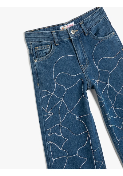Koton Taş Detaylı Geniş Paça Cepli Pamuklu Kot Pantolon - Wide Leg Jean Orta İndigo 5skg40052ad Indigo