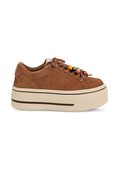 Guja Kadın Sneaker 366-2 Camel Hakiki Dokulu Süet Renkli Boncuk Bağcık Detaylı Yüksek Kalın Platform Taban Rahat Günlük Spor Ayakkabı