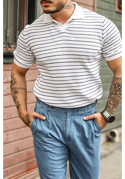 Cool Tarz Çizgili Polo Yaka T-shirt Beyaz Mat Beyaz Mat Beyaz