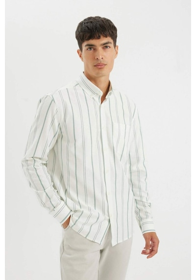 DeFacto Regular Fit Normal Kesim Oxford Düğmeli Çizgili Pamuklu Uzun Kollu Gömlek D3500AX24AUGN900 Yeşil