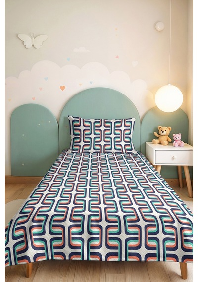 Lacivert Geometrik Genç Odası Tek Kişilik Pike Takımı - Mint Somon Retro 160x220 Cm Yatak Örtüsü Doğal Çayır Baharı