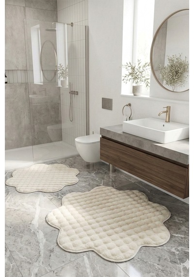 Bubble Papatya Banyo Paspası 2'li Set Pofuduk Yumuşak Peluş Kaymaz Taban Dekoratif Banyo Halısı Krem