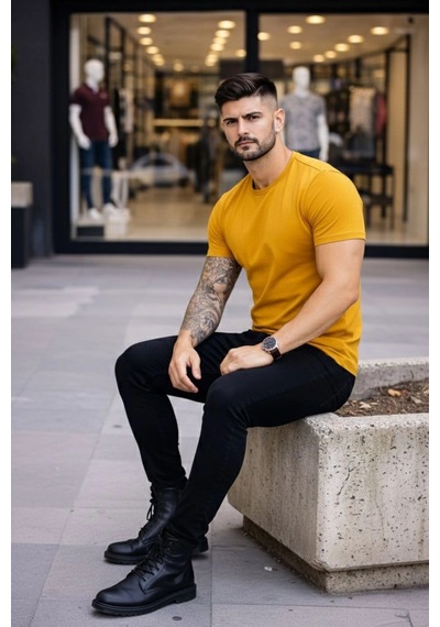 Novalisse Erkek Body Tişört Bisiklet Yaka Slim Fit Likralı T-shirt - Limon Çoklu Renk