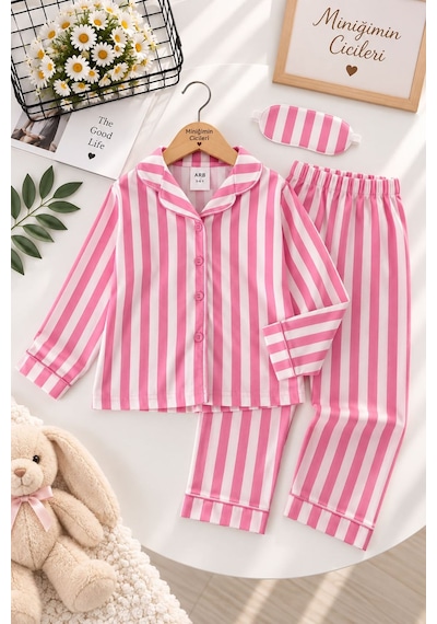 Minigimin Cicileri Desenli Göz Bantlı Kız Çocuk Mevsimlik Pijama Takımı - Açık Pembe