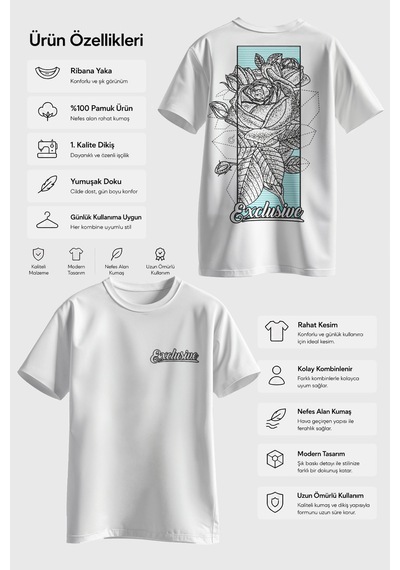 Spoyi Line Rose Tasarımlı %100 Pamuk Yarım Oversize Beyaz T-shirt