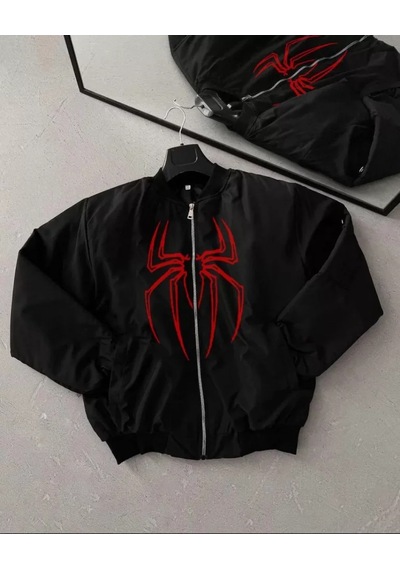 Etiler Collection Unisex Uzun Kol Örümcek Baskılı Bomber Ceket - Siyah