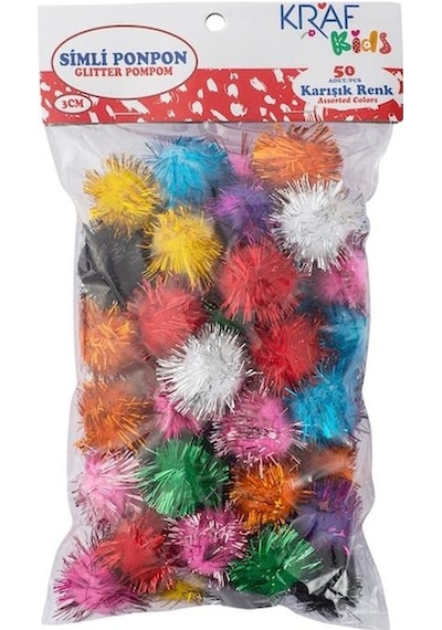 Kraf Simli Ponpon 3 Cm 50 Li Karışık Renkli Paket