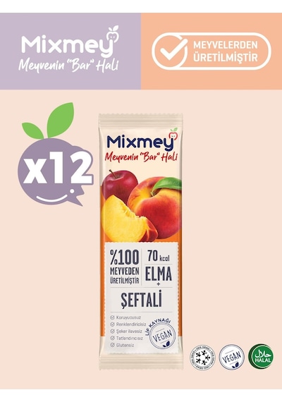 Mixmey Şeftali Meyve Barı 12 Adet | Atıştırmalıklar – Vegan, Glutensiz, Koruyucusuz 20gr X 12 Adet