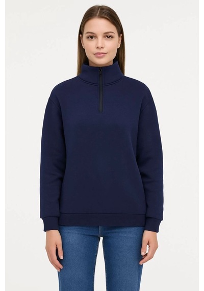 Mbb E-ticaret Kadın 3 İplik Pamuklu Dık Yaka Yarım Fermuarlı Sweatshirt - Lacivert