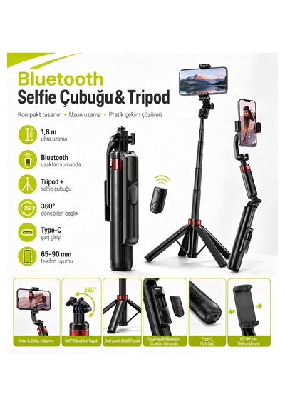 1,8 Metre Bluetooth Selfie Çubuğu Tripod Uzaktan Kumandalı 360 Döner Type-c Şarjlı