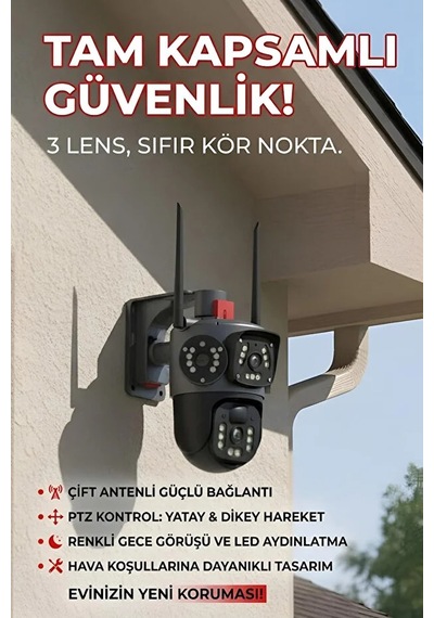 4k Dış Mekan Güvenlik Kamerası 3 Lensli Ultra Net Gece Görüşlü, Yapay Zeka Hareket Algılama