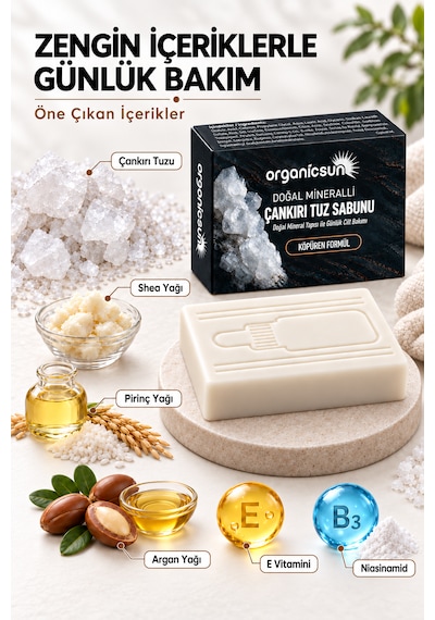 Organicsun Çankırı Tuz Sabunu 120 Gr X 3 Adet Köpüren Formül - Zengin Doğal Mineralli Kaya Tuzu Sabunu