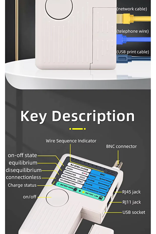 Rj45+usb+rj11+bnc Profesyonel Çantalı Telefon Koaksiyel Usb 4'ü 1 Arada Uzaktan Kablo Test Cihazı Hızlı Tepki Ayrılabilir Network