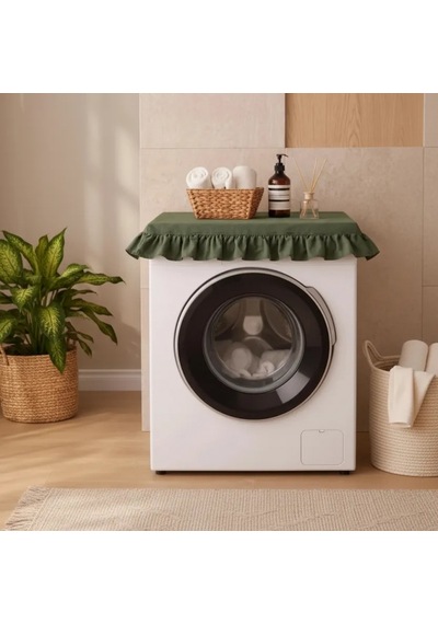 Fırfırlı Çamaşır Makinesi Örtüsü - Çeyizlik Dekoratif Banyo Makine Kılıfı- Haki