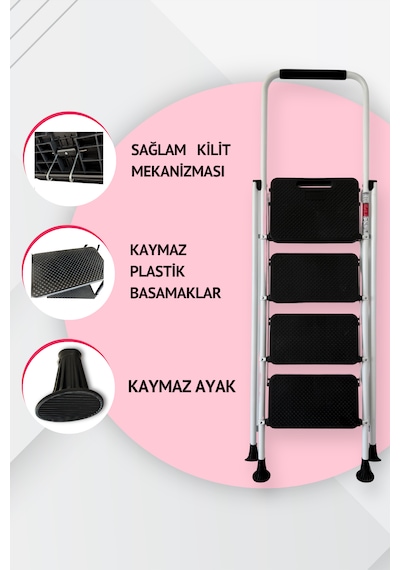 Portalife 4 Basamaklı Konfor Tutacaklı Çelik Şık Merdiven - Beyaz 200 Cm'ye Kadar