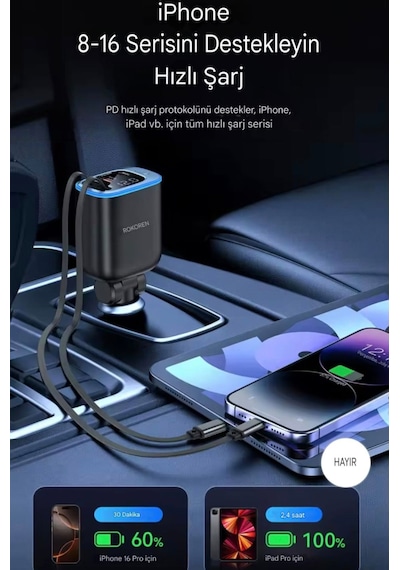 72w 4'ü 1'arada Geri Çekilebilir Kablo Type-c+iphone Lightnig+usb