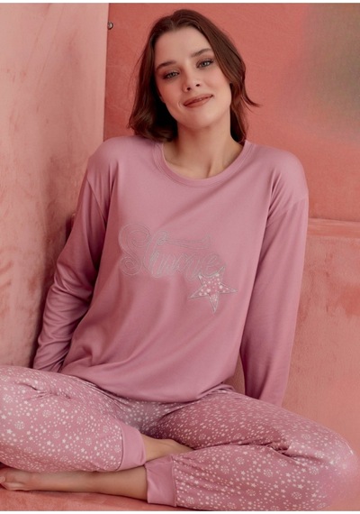 Kadın Baskı Detaylı Uzun Kollu Likralı Pijama Takım K.pembe