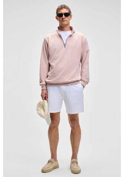 Grımelange NESTOR Erkek Relaxed Fit Dik Yakalı Yarım Fermuarlı Uzun Kollu Pembe Melanj Sweatshirt
