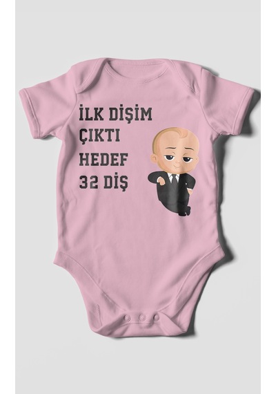 Morivokids İlk Dişim Çıktı Hedef 32 Diş Kısa Kollu Bebek Body Koyu Pembe